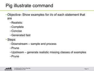 Pig illustrate command
• Objective- Show examples for i/o of each statement that
  are
  – Realistic
  – Complete
  – Concise
  – Generated fast
• Steps
  – Downstream – sample and process
  – Prune
  – Upstream – generate realistic missing classes of examples
  – Prune


      Architecting the Future of Big Data
                                                           Page 15
      © Hortonworks Inc. 2011
 