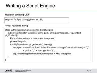 Writing a Script Engine
Register scripting UDF

register 'util.py' using jython as util;

What happens in Pig
class JythonScriptEngine extends ScriptEngine {
   public void registerFunctions(String path, String namespace, PigContext
pigContext) {
     PythonInterpreter pi = Interpreter.interpreter;
     pi.execfile(path);
     for (PyTuple item : pi.getLocals().items())
        funcspec = new FuncSpec(JythonFunction.class.getCanonicalName() + "('"
                   + path + "','" + item. get(0)+"')");
        pigContext.registerFunction(namespace + key, funcspec);
   }
}



          Architecting the Future of Big Data
                                                                            Page 24
          © Hortonworks Inc. 2011
 