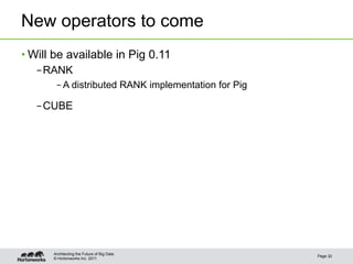 New operators to come
• Will be available in Pig 0.11
   – RANK
       – A distributed RANK implementation for Pig

   – CUBE




      Architecting the Future of Big Data
                                                     Page 32
      © Hortonworks Inc. 2011
 