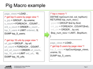 Pig Macro example
page_views = LOAD ..                           /* top x macro */
/* get top 5 users by page view */             DEFINE topCount (rel, col, topNum)
u_grp = GROUP .. by uname;                     RETURNS top_num_recs {
u_count = FOREACH .. COUNT ..                   grped = GROUP $rel by $col;
ord_u_count = ORDER u_count ..                  cnt_grp = FOREACH ..COUNT($rel)..
top_5_users = LIMIT ordered.. 5;                ord_cnt = ORDER .. by cnt;
DUMP top_5_users;                               $top_num_recs = LIMIT.. $topNum;
                                               }
/* get top 10 urls by page view */             -----------------------------------------
url_grp = GROUP .. by url;                     page_views = LOAD ..
url_count = FOREACH .. COUNT .                 /* get top 5 users by page view */
ord_url_count = ORDER url_count..              top_5_users = topCount(page_views,
top_10_urls = LIMIT ord_url.. 10;              uname, 5);
DUMP top_10_urls;                              DUMP top_5_users;
                                               …


         Architecting the Future of Big Data
                                                                                  Page 9
         © Hortonworks Inc. 2011
 
