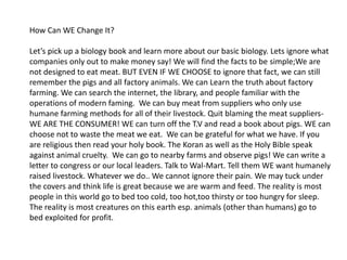 Companies lies to us. They mislead. In fact, many companies are trying to make it ILLEGAL to take photos or videos into their factories. Crazy huh? Crazy that it may one day be illegal for consumers to see how their food is raised, slaughtered and processed. Factory farming hurts animals. It hurts people. It hurts the environment. *The information presented in this PowerPoint regarding factory hog farming are FACTS. They happen all across the United States. 99% of livestock raised today are raised on factory farms.  TEN billion creatures a year (100 million being pigs) suffer this fate every year. The methods discussed in this presentation are not isolated. They are the norm.  It is time for a change. The education is all available. Let’s use the facts to make a change for the better. Change is very possible and it starts with me and you. * Factory farming’s effects on the environment are horrendous. The impact these chemically laced foods, along with the environmental damage on our health is unimaginable. The social & ethical consequences of factory farming are also large. However, these facts will not be discussed in this presentation. This presentation is about the animals. They will be in another presentation. I highly suggest that you check out some of the research recommendations at the end of this PowerPoint to learn more about the environmental, health, and social tragedies of factory farming. The facts are quite alarming. 