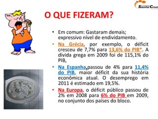 O QUE FIZERAM? Em comum: Gastaram demais; expressivo nível de endividamento. Na Grécia , por exemplo, o déficit cresceu de 7,7% para  13,6% do PIB* . A dívida grega em 2009 foi de 115,1% do PIB, Na Espanha , passou de 4% para  11,4% do PIB , maior déficit da sua história econômica atual. O desemprego em 2011 é estimado em 19,5%. Na Europa , o déficit público passou de 2% em 2008 para  6% do PIB  em 2009, no conjunto dos países do bloco. 