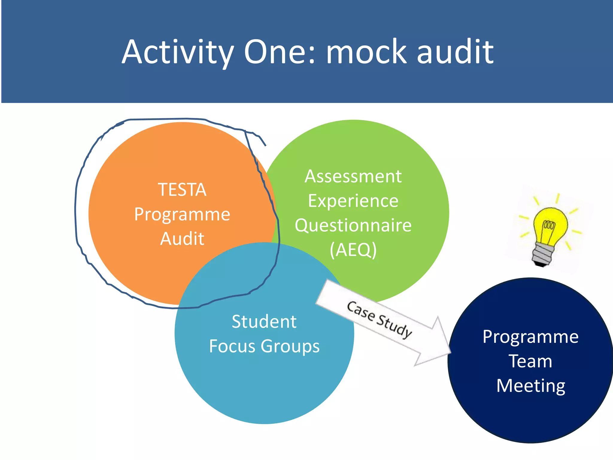 Activity One: mock audit
Programme
Team
Meeting
Assessment
Experience
Questionnaire
(AEQ)
TESTA
Programme
Audit
Student
Focus Groups
 