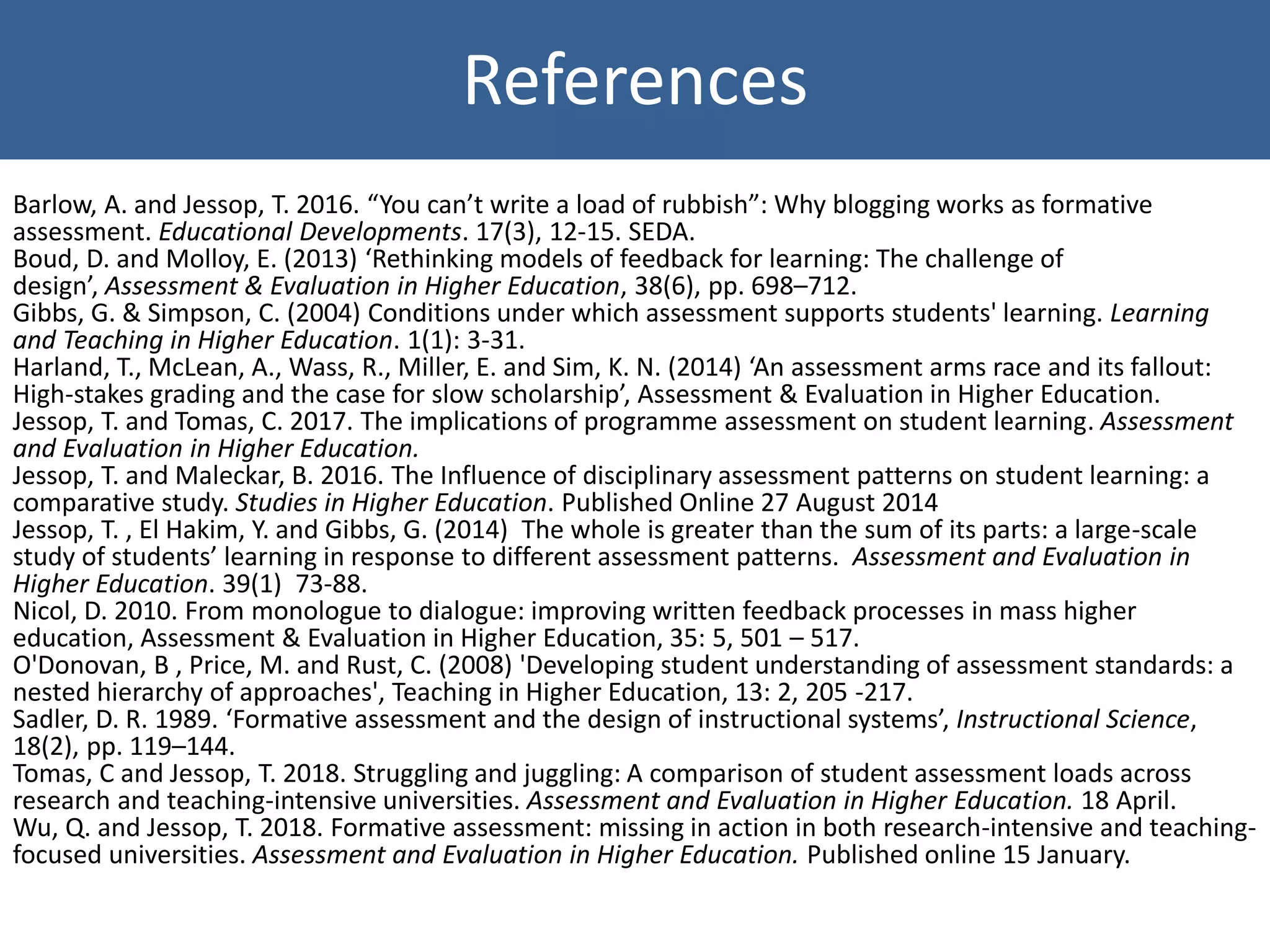 References
Barlow, A. and Jessop, T. 2016. “You can’t write a load of rubbish”: Why blogging works as formative
assessment. Educational Developments. 17(3), 12-15. SEDA.
Boud, D. and Molloy, E. (2013) ‘Rethinking models of feedback for learning: The challenge of
design’, Assessment & Evaluation in Higher Education, 38(6), pp. 698–712.
Gibbs, G. & Simpson, C. (2004) Conditions under which assessment supports students' learning. Learning
and Teaching in Higher Education. 1(1): 3-31.
Harland, T., McLean, A., Wass, R., Miller, E. and Sim, K. N. (2014) ‘An assessment arms race and its fallout:
High-stakes grading and the case for slow scholarship’, Assessment & Evaluation in Higher Education.
Jessop, T. and Tomas, C. 2017. The implications of programme assessment on student learning. Assessment
and Evaluation in Higher Education.
Jessop, T. and Maleckar, B. 2016. The Influence of disciplinary assessment patterns on student learning: a
comparative study. Studies in Higher Education. Published Online 27 August 2014
Jessop, T. , El Hakim, Y. and Gibbs, G. (2014) The whole is greater than the sum of its parts: a large-scale
study of students’ learning in response to different assessment patterns. Assessment and Evaluation in
Higher Education. 39(1) 73-88.
Nicol, D. 2010. From monologue to dialogue: improving written feedback processes in mass higher
education, Assessment & Evaluation in Higher Education, 35: 5, 501 – 517.
O'Donovan, B , Price, M. and Rust, C. (2008) 'Developing student understanding of assessment standards: a
nested hierarchy of approaches', Teaching in Higher Education, 13: 2, 205 -217.
Sadler, D. R. 1989. ‘Formative assessment and the design of instructional systems’, Instructional Science,
18(2), pp. 119–144.
Tomas, C and Jessop, T. 2018. Struggling and juggling: A comparison of student assessment loads across
research and teaching-intensive universities. Assessment and Evaluation in Higher Education. 18 April.
Wu, Q. and Jessop, T. 2018. Formative assessment: missing in action in both research-intensive and teaching-
focused universities. Assessment and Evaluation in Higher Education. Published online 15 January.
 