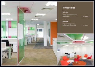 Timescales
Off-site
Design, procurement and
mobilisation 10 weeks

On-site
Project management,
construction and fit-out 12 weeks
 