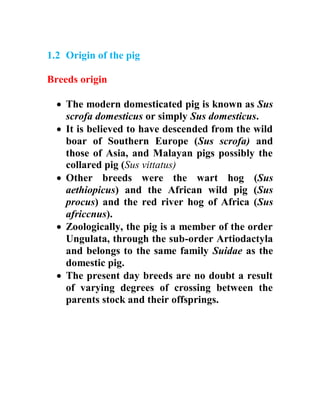 1.2 Origin of the pig
Breeds origin
 The modern domesticated pig is known as Sus
scrofa domesticus or simply Sus domesticus.
 It is believed to have descended from the wild
boar of Southern Europe (Sus scrofa) and
those of Asia, and Malayan pigs possibly the
collared pig (Sus vittatus)
 Other breeds were the wart hog (Sus
aethiopicus) and the African wild pig (Sus
procus) and the red river hog of Africa (Sus
africcnus).
 Zoologically, the pig is a member of the order
Ungulata, through the sub-order Artiodactyla
and belongs to the same family Suidae as the
domestic pig.
 The present day breeds are no doubt a result
of varying degrees of crossing between the
parents stock and their offsprings.
 