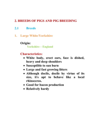 2. BREEDS OF PIGS AND PIG BREEDING
2.1 Breeds
1. Large White/Yorkshire
Origin:
Yorkshire – England
Characteristics:
 White body, erect ears, face is dished,
heavy and deep shoulders
 Susceptible to sun burn
 Large and fast growing litters
 Although docile, docile by virtue of its
size, it‫׳‬s apt to behave like a local
rhinoceros.
 Good for bacon production
 Relatively hardy
 