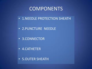COMPONENTS
• 1.NEEDLE PROTECTION SHEATH
• 2.PUNCTURE NEEDLE
• 3.CONNECTOR
• 4.CATHETER
• 5.OUTER SHEATH
 