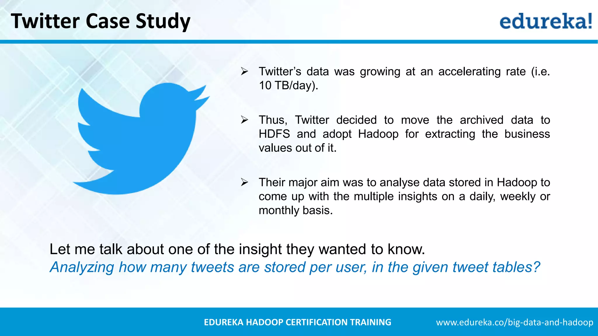 www.edureka.co/big-data-and-hadoopEDUREKA HADOOP CERTIFICATION TRAINING Twitter Case Study  Twitter’s data was growing at an accelerating rate (i.e. 10 TB/day).  Thus, Twitter decided to move the archived data to HDFS and adopt Hadoop for extracting the business values out of it.  Their major aim was to analyse data stored in Hadoop to come up with the multiple insights on a daily, weekly or monthly basis. Let me talk about one of the insight they wanted to know. Analyzing how many tweets are stored per user, in the given tweet tables? 