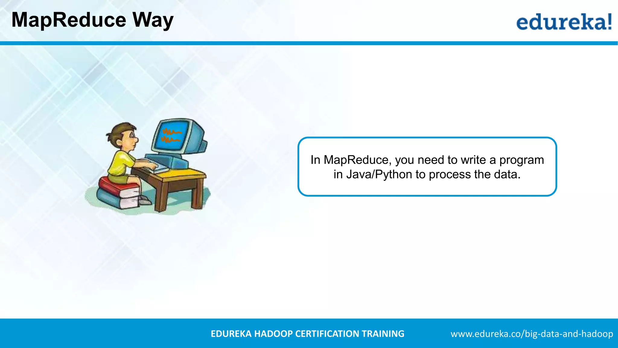 www.edureka.co/big-data-and-hadoopEDUREKA HADOOP CERTIFICATION TRAINING MapReduce Way In MapReduce, you need to write a program in Java/Python to process the data. 