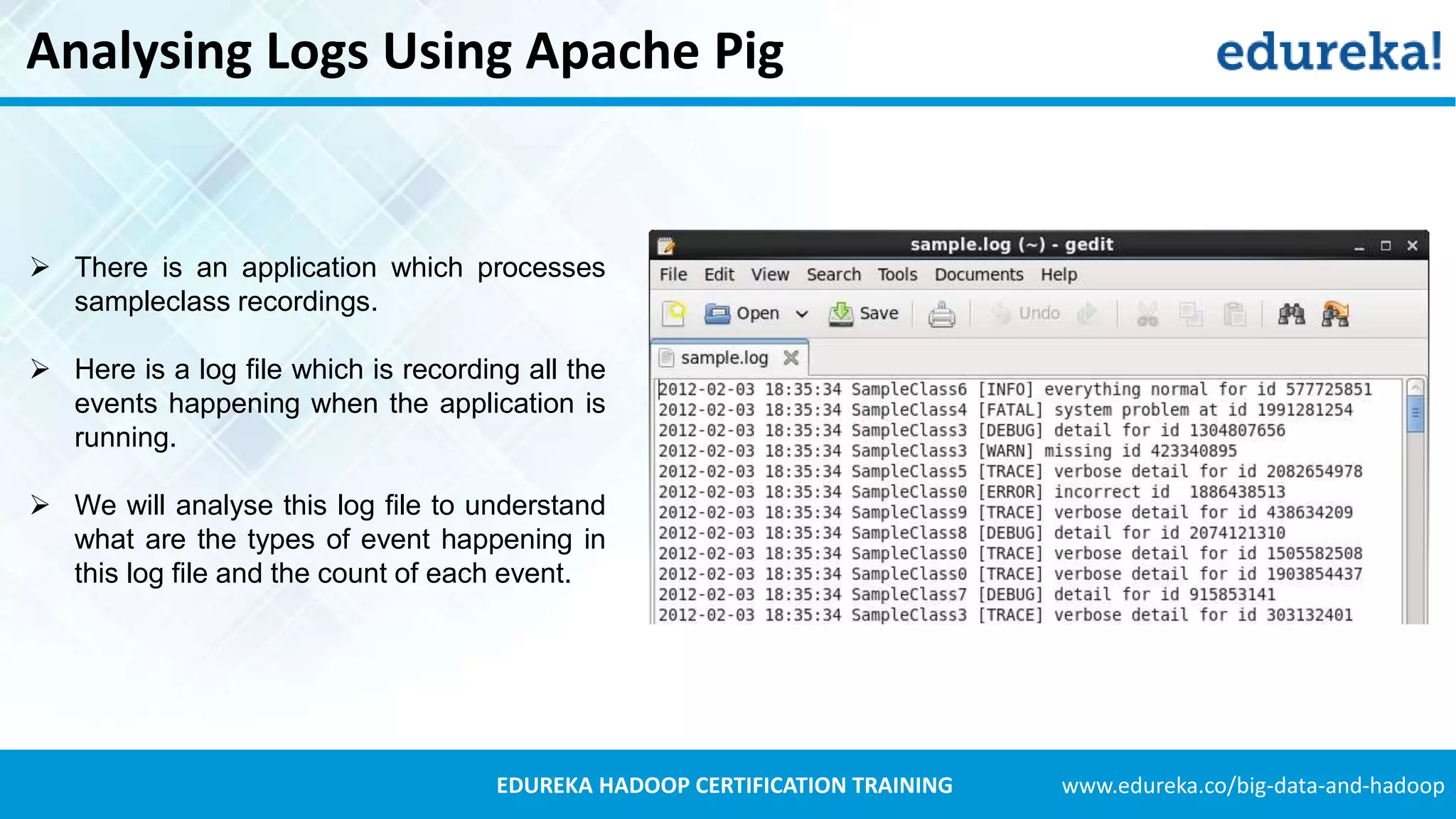 www.edureka.co/big-data-and-hadoopEDUREKA HADOOP CERTIFICATION TRAINING Analysing Logs Using Apache Pig  There is an application which processes sampleclass recordings.  Here is a log file which is recording all the events happening when the application is running.  We will analyse this log file to understand what are the types of event happening in this log file and the count of each event. 