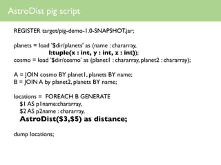 AstroDist pig script

 REGISTER target/pig-demo-1.0-SNAPSHOT.jar;

 planets = load '$dir/planets' as (name : chararray,
               l:tuple(x : int, y : int, z : int));
 cosmo = load '$dir/cosmo' as (planet1 : chararray, planet2 : chararray);

 A = JOIN cosmo BY planet1, planets BY name;
 B = JOIN A by planet2, planets BY name;

 locations = FOREACH B GENERATE
   $1 AS p1name:chararray,
   $2 AS p2name : chararray,
   AstroDist($3,$5) as distance;

 dump locations;
 