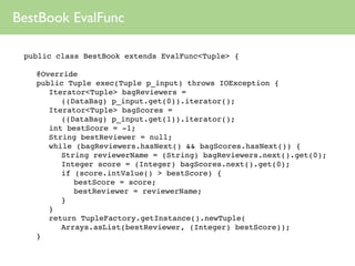 BestBook EvalFunc

 public class BestBook extends EvalFunc<Tuple> {

 
   @Override
 
   public Tuple exec(Tuple p_input) ...