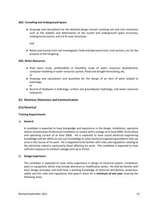 Revised September 2011 12
(B2) Tunnelling and Underground Space:
♦ Drawings and calculations for the detailed design tunnels involving soil and rock mechanics
such as the stability and deformation of the tunnel and underground space structures,
underground caverns, and cut & cover structures.
and
♦ Notes and records from site investigation; field and laboratory tests; trial sections, etc for the
purpose of the foregoing
(B3) Water Resources:
♦ River basin study, prefeasibility or feasibility study of water resources development,
computer modeling or water resources system, flood and drought forecasting, etc.
or
♦ Drawings and calculations and quantities for the design of an item of work related to
hydrology.
or
♦ Record of fieldwork in hydrology, surface and groundwater hydrology, and water resources
evaluation.
(C) Electrical, Electronics and Communication
(C1) Electrical
Training Requirements
a) General
A candidate is expected to have knowledge and experience in the design, installation, operation
and/or maintenance of electrical installation or system with a voltage of at least 400V, three phase
and operating current of at least 300A. He is expected to have sound electrical engineering
knowledge and the ability to use such knowledge to solve electrical engineering problems that can
arise in the course of his work. He is expected to be familiar with rules and regulations relating to
the electricity industry, particularly those affecting his work. The candidate is expected to have
sufficient exposure to medium voltage (1kV up to 33 kV).
b) Design Experience
The candidate is expected to have some experience in design of electrical system, installation,
plant or equipment, which may include alteration or modification works. He shall be familiar with
basic design principles and shall have a working knowledge of electrical distribution, protection,
safety and the rules and regulations that govern them for a minimum of one year covering the
following areas.
 