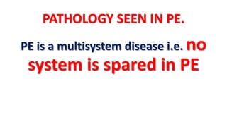 PATHOLOGY SEEN IN PE.
PE is a multisystem disease i.e. no
system is spared in PE
 