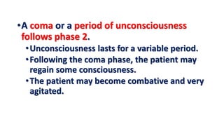 •A coma or a period of unconsciousness
follows phase 2.
•Unconsciousness lasts for a variable period.
•Following the coma phase, the patient may
regain some consciousness.
•The patient may become combative and very
agitated.
 