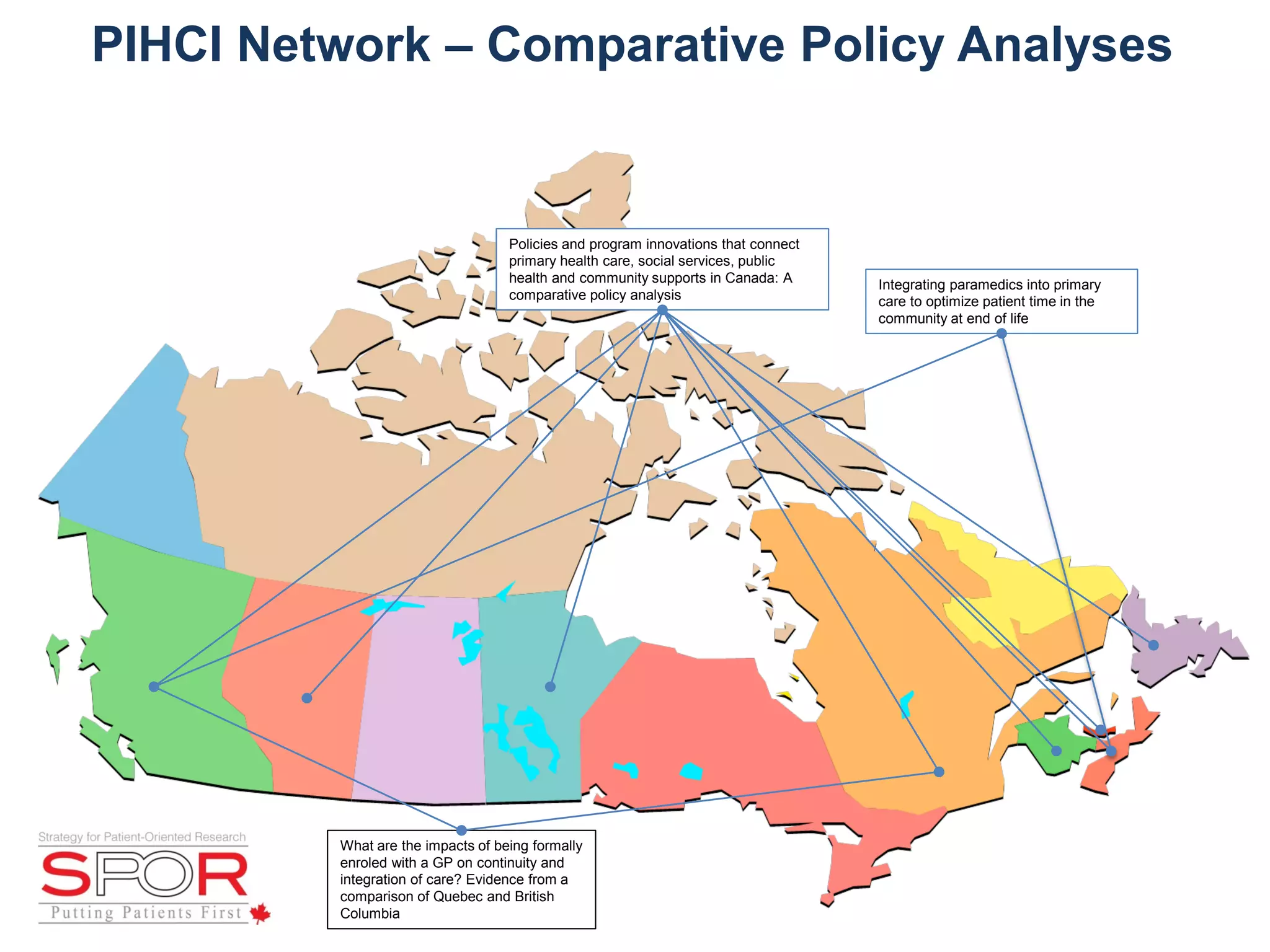 PIHCI Network – Comparative Policy Analyses
Integrating paramedics into primary
care to optimize patient time in the
community at end of life
Policies and program innovations that connect
primary health care, social services, public
health and community supports in Canada: A
comparative policy analysis
What are the impacts of being formally
enroled with a GP on continuity and
integration of care? Evidence from a
comparison of Quebec and British
Columbia
 