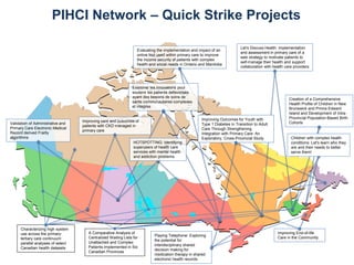 PIHCI Network – Quick Strike Projects
Playing Telephone: Exploring
the potential for
interdisciplinary shared
decision making for
medication therapy in shared
electronic health records
Let's Discuss Health: implementation
and assessment in primary care of a
web strategy to motivate patients to
self-manage their health and support
collaboration with health care providers
Evaluating the implementation and impact of an
online tool used within primary care to improve
the income security of patients with complex
health and social needs in Ontario and Manitoba
Characterizing high system
use across the primary-
tertiary care continuum:
parallel analyses of select
Canadian health datasets
Improving End-of-life
Care in the Community
Validation of Administrative and
Primary Care Electronic Medical
Record derived Frailty
algorithms
Improving care and outcomes of
patients with CKD managed in
primary care
A Comparative Analysis of
Centralized Waiting Lists for
Unattached and Complex
Patients Implemented in Six
Canadian Provinces
Improving Outcomes for Youth with
Type 1 Diabetes in Transition to Adult
Care Through Strengthening
Integration with Primary Care: An
Exploratory, Cross-Provincial Study
Creation of a Comprehensive
Health Profile of Children in New
Brunswick and Prince Edward
Island and Development of Intra-
Provincial Population-Based Birth
Cohorts
Children with complex health
conditions: Let's learn who they
are and their needs to better
serve them!
Examiner les innovations pour
soutenir les patients defavorises
ayant des besoins de soins de
sante communautaires complexes
et integres
HOTSPOTTING: Identifying
superusers of health care
services with mental health
and addiction problems
 