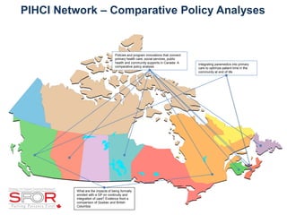PIHCI Network – Comparative Policy Analyses
Integrating paramedics into primary
care to optimize patient time in the
community at end of life
Policies and program innovations that connect
primary health care, social services, public
health and community supports in Canada: A
comparative policy analysis
What are the impacts of being formally
enroled with a GP on continuity and
integration of care? Evidence from a
comparison of Quebec and British
Columbia
 