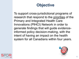 Objective
To support cross-jurisdictional programs of
research that respond to the priorities of the
Primary and Integrated Health Care
Innovations (PIHCI) Network in order to
generate findings that will guide evidence-
informed policy decision-making, with the
intent of having an impact on the health
system for all Canadians within four years.
15
 