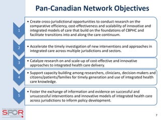 7
Pan-Canadian Network Objectives
1
• Create cross-jurisdictional opportunities to conduct research on the
comparative efficiency, cost-effectiveness and scalability of innovative and
integrated models of care that build on the foundations of CBPHC and
facilitate transitions into and along the care continuum.
2 • Accelerate the timely investigation of new interventions and approaches in
integrated care across multiple jurisdictions and sectors.
3 • Catalyze research on and scale-up of cost-effective and innovative
approaches to integrated health care delivery.
4
• Support capacity building among researchers, clinicians, decision-makers and
citizens/patients/families for timely generation and use of integrated health
care knowledge.
5
• Foster the exchange of information and evidence on successful and
unsuccessful interventions and innovative models of integrated health care
across jurisdictions to inform policy development.
 