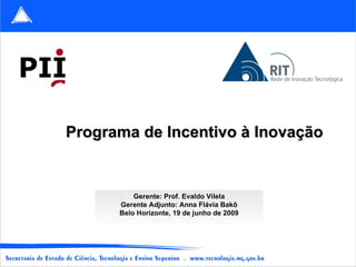 Gerente: Prof. Evaldo Vilela Gerente Adjunto: Anna Flávia Bakô Belo Horizonte, 19 de junho de 2009 Programa de Incentivo à Inovação 