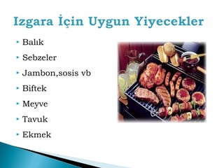  Balık 
 Sebzeler 
 Jambon,sosis vb 
 Biftek 
 Meyve 
 Tavuk 
 Ekmek 
 