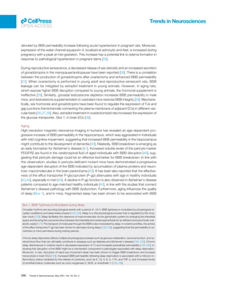denoted by BBB permeability increase following acute hypertension in pregnant rats. Moreover,
expression of the water channel aquaporin-4, localized at astrocytic end-feet, is increased during
pregnancy with a peak at mid-gestation. This increase has a potential link to edema formation in
response to pathological hypertension in pregnant dams [35].
During reproductive senescence, a decreased release of sex steroids and an increased secretion
of gonadotropins in the menopause/andropause have been reported [36]. There is a correlation
between the production of gonadotropins after ovariectomy and enhanced BBB permeability
[37]. When ovariectomy is performed in young adult and reproductive senescent rats, BBB
leakage can be mitigated by estradiol treatment in young animals. However, in aging rats,
which expose higher BBB disruption compared to young animals, the hormonal supplement is
ineffective [29]. Similarly, gonadal testosterone depletion increases BBB permeability in male
mice, and testosterone supplementation in castrated mice restores BBB integrity [28]. Mechanis-
tically, sex hormones and gonadotropins have been found to regulate the expression of TJs and
gap junctions (hemichannels connecting the plasma membrane of adjacent ECs) in different vas-
cular beds [28,37,38]. Also, estradiol treatment in ovariectomized rats increases the expression of
the glucose transporter, Glut-1, in brain ECs [39].
Aging
High-resolution magnetic resonance imaging in humans has revealed an age-dependent pro-
gressive increase of BBB permeability in the hippocampus, which was aggravated in individuals
with mild cognitive impairment, suggesting that increased BBB permeability in the hippocampus
might contribute to the development of dementia [40]. Relatedly, BBB breakdown is emerging as
an early biomarker for Alzheimer’s disease [41]. Increased soluble levels of the pericyte marker
PDGFRβ are found in the cerebrospinal ﬂuid of aged individuals with BBB disruption [40], sug-
gesting that pericyte damage could be an effective biomarker for BBB breakdown. In line with
this observation, studies in pericyte-deﬁcient mutant mice have demonstrated a progressive
age-dependent disruption of the BBB indicated by accumulation of plasma proteins and neuro-
toxic macromolecules in the brain parenchyma [42]. It has been also reported that the effective-
ness of the efﬂux transporter P-glycoprotein (P-gp) attenuates with age in healthy individuals
[43,44], especially in men [43]. A decline in P-gp function is also observed in Alzheimer’s disease
patients compared to age-matched healthy individuals [45], in line with the studies that connect
Alzheimer’s disease pathology with BBB dysfunction. Furthermore, aging inﬂuences the quality
of sleep (Box 1), and in mice, fragmented sleep has been shown to be associated with BBB
Box 1. BBB Tightness Is Modulated during Sleep
Circadian rhythms are recurring biological events with a period of ~24 h. BBB tightness is modulated by physiological cir-
cadian oscillations and sleep/wake phases [124,125]. Sleep is a vital physiological process that is regulated by the circa-
dian clock [126]. Sleep facilitates the clearance of macromolecules via the glymphatic system by enlarging the interstitial
space and favoring the convective ﬂow between the interstitial and cerebrospinal ﬂuids for an efﬁcient removal of brain met-
abolic waste [127]. The transport of molecules through the BBB is also modulated by sleep. In rodents and ﬂies, the activity
of the efﬂux transporter P-gp has been shown to decrease during sleep [128,129], suggesting that the permeability to xe-
nobiotics is more permissive during resting periods.
Chronic sleep deprivation affects multiple physiological processes such as glucose metabolism, neuronal function, and ce-
rebral blood ﬂow that can ultimately contribute to diseases such as diabetes and Alzheimer’s disease [130–132]. Chronic
sleep disturbances in rodents result in decreased expression of TJ and increased paracellular permeability [132,133], in-
dicating that disruption of the BBB might be a mechanistic component in pathologies associated with sleep deprivation.
Moreover, in rats, disruption of rapid eye movement sleep has been shown to trigger BBB breakdown and increase
transcytosis in brain ECs [134]. Increased BBB permeability following sleep deprivation is associated with a mild pro-in-
ﬂammatory status mediated by the release of cytokines, such as IL-1β, IL-6, IL-17A, and TNF-α, and increased levels
of proinﬂammatory molecules such as cyclo-oxygenase-2, NOS, or endothelin-1 [135,136].
Trends in Neurosciences
OPEN ACCESS
396 Trends in Neurosciences, May 2021, Vol. 44, No. 5
 