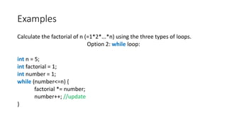 Examples
Calculate the factorial of n (=1*2*...*n) using the three types of loops.
Option 2: while loop:
int n = 5;
int factorial = 1;
int number = 1;
while (number<=n) {
factorial *= number;
number++; //update
}
 