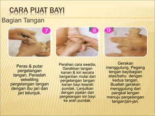 CARA PIJAT BAYI
Peras & putar
pergelangan
tangan, Peraslah
sekeliling
pergelangan tangan
dengan ibu jari dan
jari telunjuk.
Perahan cara swedia,
Gerakkan tangan
kanan & kiri secara
bergantian mulai dari
pergelangan tangan
kanan bayi kearah
pundak, Lanjutkan
dengan pijatan dari
pergelangan kiri bayi
ke arah pundak.
Gerakan
menggulung, Pegang
lengan bayibagian
atas/bahu dengan
kedua tangan,
Buatlah gerakan
menggulung dari
pangkal lengan
menuju pergelangan
tangan/jari-jari.
Bagian Tangan
 