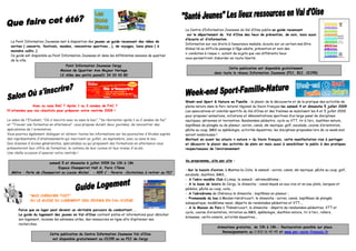 Le Centre d’Information Jeunesse du Val d’Oise publie un guide recensant
                                                                                                           sur le département du Val d’Oise des lieux de prévention, de soin, mais aussi
                                                                                                          d’écoute et d’information.
  Le Point Information Jeunesse met à disposition des jeunes un guide recensant des idées de
                                                                                                          Information sur vos droits à l’assurance maladie, écoute sur un certain mal-être
  sorties ( concerts, festivals, musées, rencontres sportives….), de voyages, bons plans ( à
                                                                                                          Global lié au difficile passage à l’âge adulte, prévention et soin des
  moindre coûts…)
                                                                                                          « conduites à risque », autant de sujets que ces différents lieux
  Ce guide est disponible au Point Information Jeunesse et dans les différentes maisons de quartier
                                                                                                          vous permettront d’aborder en toute liberté.
  de la ville.
                                    Point Information Jeunesse Cergy
                                                                                                                                     Cette publication est disponible gratuitement
                                 Maison de Quartier Axe Majeur Horloge
                                                                                                                             dans toute le réseau Information Jeunesse (PIJ, BIJ, CIJ95)
                                 12 Allée des petits pains01 34 33 43 80




                                                                                                          Week-end Sport & Nature en Famille : le plaisir de la découverte et de la pratique des activités de
              Avec ou sans BAC ? Après 1 ou 2 années de FAC ?                                             pleine nature dans le Parc naturel régional du Vexin français les samedi 4 et dimanche 5 juillet 2009.
N'attendez pas vos résultats pour préparer votre rentrée 2009 !                                           Les associations et comités sportifs du Val d’Oise et des Yvelines se mobilisent les 4 et 5 juillet 2009
                                                                                                          pour proposer animations, initiations et démonstrations sportives d’un large panel de disciplines
Le salon de l'Etudiant, "Où s'inscrire avec ou sans le bac", "Se réorienter après 1 ou 2 années de fac"   nautiques, aériennes et terrestres. Randonnées pédestre, cyclo ou VTT, tir à l’arc, duathlon nature,
et "Trouver une formation en alternance", vous propose durant deux journées, de rencontrer des            baptêmes de plongée ou de planeur, aviron, canoë, ski nautique, golf, escalade, course d’orientation,
spécialistes de l'orientation.                                                                            pêche au coup, BMX ou spéléologie, activités équestres, les disciplines proposées lors de ce week-end
Vous pourrez également dialoguer et obtenir toutes les informations sur les poursuites d'études auprès    seront nombreuses !
des représentants d'établissements qui inscrivent en juillet, en septembre, avec ou sans le bac.          Mettant en avant les atouts « nature » du Vexin français, cette manifestation vise à partager
Des dizaines d'écoles généralistes, spécialisées ou qui proposent des formations en alternance vous       et découvrir le plaisir des activités de plein air mais aussi à sensibiliser le public à des pratiques
présenteront leur offre de formation, le contenu de leur cursus et leur niveau d'accès.                   respectueuses de l’environnement
Une réelle occasion d'assurer votre rentrée !

                                                                                                          Au programme, site par site :
                          samedi 5 et dimanche 6 juillet 2009 De 10h à 18h
                              Espace Champerret Hall A, Paris 17ème
                                                                                                          - Sur le bassin d’aviron, à Mantes-la-Jolie, le samedi : aviron, canoë, ski nautique, pêche au coup, golf,
  Métro : Porte de Champerret ou Louise Michel. - RER C : Pereire -Invitations à retirer au PIJ
                                                                                                          escalade, duathlon, BMX...
                                                                                                          - A l’aéro-modèle Club à Limay, le samedi : aéromodélisme ;
                                                                                                          - A la base de loisirs de Cergy, le dimanche : canoë-kayak en eau vive et en eau plate, barques et
                                                                                                          pédalos, pêche au coup, voile...
                                                                                                          - A l’aérodrome de Chérence le dimanche : baptêmes en planeur ;
              "MOI CHERCHER TOIT"
                                                                                                          - Promenade du bac à Meulan-Hardricourt, le dimanche : aviron, canoë, baptêmes de plongée
              OU LE GUIDE DU LOGEMENT DES JEUNES EN VAL-D’OISE
                                                                                                          subaquatique, modélisme naval, départs de randonnées pédestres et VTT....
                                                                                                          - A la Maison du Parc à Théméricourt, le dimanche : départs de randonnées pédestres, VTT et
       Parce que se loger peut devenir un véritable parcours du combattant...
                                                                                                          cyclo, course d’orientation, initiation au BMX, spéléologie, duathlon nature, tir à l’arc, rollers,
       Le guide du logement des jeunes en Val-d’Oise contient pistes et informations pour dénicher
                                                                                                          échasses, cerfs-volants, activités équestres...
       son logement, recense les adresses utiles, des ressources en ligne afin d’optimiser ses
       recherches.
                                                                                                                               Animations gratuites, de 10h à 18h.- Restauration possible sur place.
                                                                                                                                  Renseignements au 0 810 16 40 45 et www.pnr-vexin-francais.fr
                           Cette publication du Centre Information Jeunesse Val-d’Oise
                            est disponible gratuitement au CIJ95 ou au PIJ de Cergy
 