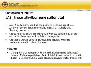 9/14/2012 
| 32 
Contohdalamindustri 
LAS (linear alkylbenzenesulfonate) 
•LAS surfactant, used as the primary cleaning agent in a variety of consumer/commercial/industrial laundry and cleaning products. 
•About 78-97% of LAS consumption worldwide is in liquid, dry and tablet laundry and fine fabric detergents. 
•Another 2-10% is used in dishwashing liquids, with the remainder used in other cleaners. 
CATATAN: 
•LAS dipilihdibandingBAS (branched alkylbenzenesulfonate) karenaLAS biodegradable ; BAS tidak(busaberlebihan, sulitdiolahmenimbulkanmasalahpadasewage water treatment)  
