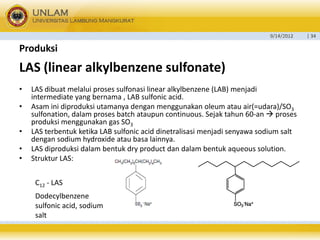 9/14/2012 
| 34 
Produksi 
•LAS dibuatmelaluiprosessulfonasilinear alkylbenzene(LAB) menjadiintermediate yang bernama, LAB sulfonicacid. 
•Asaminidiproduksiutamanyadenganmenggunakanoleumatauair(=udara)/SO3sulfonation, dalamprosesbatch ataupuncontinuous. Sejaktahun60-an prosesproduksimenggunakangas SO3 
•LAS terbentukketikaLAB sulfonicacid dinetralisasimenjadisenyawasodium salt dengansodium hydroxide ataubasalainnya. 
•LAS diproduksidalambentukdry product dandalambentukaqueous solution. 
•StrukturLAS: 
LAS (linear alkylbenzenesulfonate) C12-LAS 
Dodecylbenzenesulfonicacid, sodium salt  