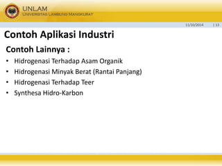 11/10/2014 | 13 
Contoh Aplikasi Industri 
Contoh Lainnya : 
• Hidrogenasi Terhadap Asam Organik 
• Hidrogenasi Minyak Berat (Rantai Panjang) 
• Hidrogenasi Terhadap Teer 
• Synthesa Hidro-Karbon 
 