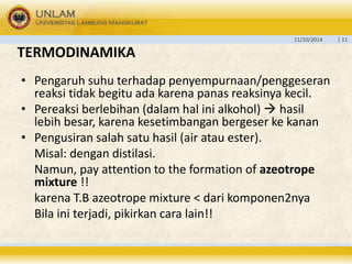 11/10/2014 | 11 
TERMODINAMIKA 
• Pengaruh suhu terhadap penyempurnaan/penggeseran 
reaksi tidak begitu ada karena panas reaksinya kecil. 
• Pereaksi berlebihan (dalam hal ini alkohol)  hasil 
lebih besar, karena kesetimbangan bergeser ke kanan 
• Pengusiran salah satu hasil (air atau ester). 
Misal: dengan distilasi. 
Namun, pay attention to the formation of azeotrope 
mixture !! 
karena T.B azeotrope mixture < dari komponen2nya 
Bila ini terjadi, pikirkan cara lain!! 
 