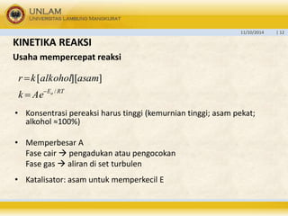 11/10/2014 | 12 
KINETIKA REAKSI 
Usaha mempercepat reaksi 
r k alkohol asam 
[ ][ ] 
 
k  
Ae  Ea / 
RT 
• Konsentrasi pereaksi harus tinggi (kemurnian tinggi; asam pekat; 
alkohol ≈100%) 
• Memperbesar A 
Fase cair  pengadukan atau pengocokan 
Fase gas  aliran di set turbulen 
• Katalisator: asam untuk memperkecil E 
 