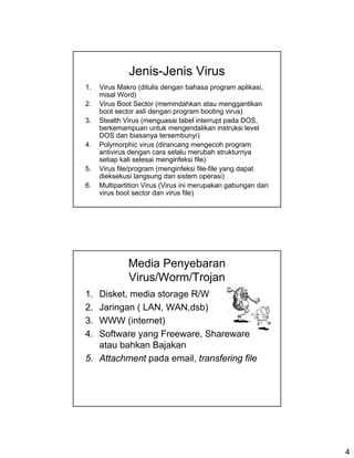 Jenis-Jenis Virus
1.   Virus Makro (ditulis dengan bahasa program aplikasi,
     misal Word)
2.   Virus Boot Sector (memindahkan atau menggantikan
     boot sector asli dengan program booting virus)
3.   Stealth Virus (menguasai tabel interrupt pada DOS,
     berkemampuan untuk mengendalikan instruksi level
     DOS dan biasanya tersembunyi)
4.   Polymorphic virus (dirancang mengecoh program
     antivirus dengan cara selalu merubah strukturnya
     setiap kali selesai menginfeksi file)
5.   Virus file/program (menginfeksi file-file yang dapat
     dieksekusi langsung dari sistem operasi)
6.   Multipartition Virus (Virus ini merupakan gabungan dari
     virus boot sector dan virus file)




              Media Penyebaran
              Virus/Worm/Trojan
1. Disket, media storage R/W
2. Jaringan ( LAN, WAN,dsb)
3. WWW (internet)
4. Software yang Freeware, Shareware
   atau bahkan Bajakan
5. Attachment pada email, transfering file




                                                               4
 