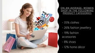 ON AN AVERAGE, WOMEN
SHOP IN THE FOLLOWING
PRODUCT CATEGORIES
- 35% clothes
- 26% fashion jewellery
- 19% fashion
accessories
- 8% shoes
- 12% home décor
 