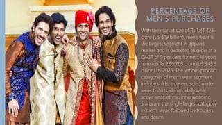 PERCENTAGE OF
MEN’S PURCHASES
With the market size of Rs 1,24,423
crore (US $19 billion), men’s wear is
the largest segment in apparel
market and is expected to grow at a
CAGR of 9 per cent for next 10 years
to reach Rs 2,95,795 crore (US $45.5
billion) by 2026. The various product
categories of men’s wear segment
include shirts, trousers, suits, winter
wear, t-shirts, denim, daily wear,
active wear, ethnic, innerwear, etc.
Shirts are the single largest category
in men’s wear, followed by trousers
and denim.
 