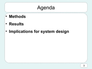 Agenda Methods Results Implications for system design 