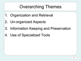 Overarching Themes Organization and Retrieval Un-organized Aspects Information Keeping and Preservation Use of Specialized Tools 