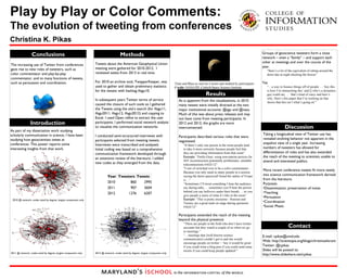 Play by Play or Color Comments:
The evolution of tweeting from conferences
Christina K. Pikas
Conclusions
The increasing use of Twitter from conferences
gave rise to new roles of tweeters, such as
color commentator and play-by-play
commentator, and to many functions of tweets,
such as persuasion and coordination.

Introduction
As part of my dissertation work studying
scholarly communication in science, I have been
studying how geoscientists tweet at
conferences. This poster reports some
interesting insights from that work.

Tweets about the American Geophysical Union
meeting were gathered for 2010-2012. I
reviewed weets from 2013 in real time.

nasa

nasajpl
efectos1260

“there’s a lot of the equivalent of sitting around the
dorm late at night shooting the breeze”

For 2010 an archive tool, TwapperKeeper, was
used to gather and obtain preliminary statistics
for the tweets with hashtag #agu10.

Titan and Rhea as seen by Cassini and studied by participants
Credit: NASA/JPL-Caltech/Space Science Institute

In subsequent years Twitter terms of service
caused the closure of such tools so I gathered
the Tweets using the site’s search (for #agu11,
#agu2011, #agu12, #agu2012) and copying to
Excel. I used Open refine to extract the user
participants. I performed social network analysis
to visualize the communication networks

As is apparent from the visualizations, in 2010
many tweets were initially directed at the two
major institutional accounts: @agu and @nasa.
Much of this was about press releases and may
not have come from meeting participants. In
2012 and 2013, the graphs are more
interconnected.

I conducted semi-structured interviews with
participants selected from meeting tweets.
Interviews were transcribed and analyzed.
Initial coding was based on a comprehensive
communication framework developed through
an extensive review of the literature. I added
new codes as they emerged from the data.

setiinstitute
theagu

Groups of geoscience tweeters form a close
network – even a “family” – and support each
other at meetings and over the course of the
year.

Methods

Year Tweeters Tweets
2010
860
2995
2011
907
3604
2012
1276
6207

2010 @ network, nodes sized by degree, largest component only

Results

Participants described various roles that were
negotiated:
“If there’s only one person in the room people tend
to take it more seriously because people feel that
they are providing information from that room”
Example: “Emile-Geay: using non-marine proxies for
SST reconstruction potentially problematic; unstable
teleconnections #AGU12”
“I sort of switched over to be a color commentator.
Because you only need so many people in a session
saying the dawn spacecraft found the radius of Vespa
is…”
“Sometimes I’ll tweet something I hear the audience
say during talks … sometimes you’ll hear the person
behind you say bullxxxx under their breath … so you
give people a sense of what it’s like in the room”
Example: “This is pretty awesome - Pearson and
Tierney are a great team on stage during questions
#AGU12”

Yet
“…a way to bounce things off of people … ‘hey this
is how I’m interpreting this’ and [] who’s a dynamics
guy could say … ‘that’s kind of crazy and here’s
why. Here’s this paper that I’m working on that
shows that this isn’t what’s going on’”

Discussion
Taking a longitudinal view of Twitter use has
revealed evolving behavior not apparent in the
snapshot view of a single year. Increasing
numbers of tweeters has allowed for
differentiation of roles and has also extended
the reach of the meeting to scientists unable to
attend and interested publics.
More recent conference tweets fit more neatly
into science communication framework derived
from the literature.
Purposes
•Dissemination: preservation of notes
•Teaching
•Persuasion
•Coordination
•Social: Phatic

Participants extended the reach of the meeting
beyond the physical presence:

2011 @ network, nodes sized by degree, largest component only.

2012 @ network, nodes sized by degree, largest component only

“There are people in the field who don’t have twitter
accounts but they watch a couple of us when we go
to meetings.”
“…meetings that [well-known science
communicator] couldn’t get to and she would
encourage people on twitter – ‘hey it would be great
if you could write a blog post if you could send some
tweets if you could keep people updated’”

Contact
E-mail: cpikas@umd.edu
Web: http://scientopia.org/blogs/christinaslisrant
Twitter: @cpikas
Slides will be posted to:
http://www.slideshare.net/cpikas

 
