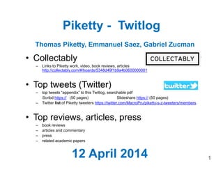 Piketty - Twitlog
• Collectably
– Links to Piketty work, video, book reviews, articles
http://collectably.com/#/boards/5348d49f1b9a4b0600000001
• Top tweets (Twitter)
– top tweets “appendix” to this Twitlog, searchable pdf
Scribd https:// (50 pages) Slideshare https:// (50 pages)
– Twitter list of Piketty tweeters https://twitter.com/MacroPru/piketty-s-z-tweeters/members
• Top reviews, articles, press
– book reviews
– articles and commentary
– press
– related academic papers
112 April 2014
Thomas Piketty, Emmanuel Saez, Gabriel Zucman
 