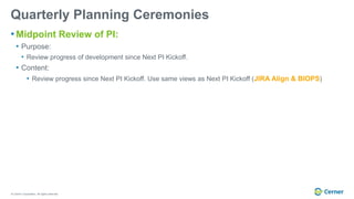© Cerner Corporation. All rights reserved.
Quarterly Planning Ceremonies
• Midpoint Review of PI:
• Purpose:
• Review progress of development since Next PI Kickoff.
• Content:
• Review progress since Next PI Kickoff. Use same views as Next PI Kickoff (JIRA Align & BIOPS)
 