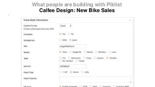 What people are building with Piklist
Calfee Design: New Bike Sales
`
 