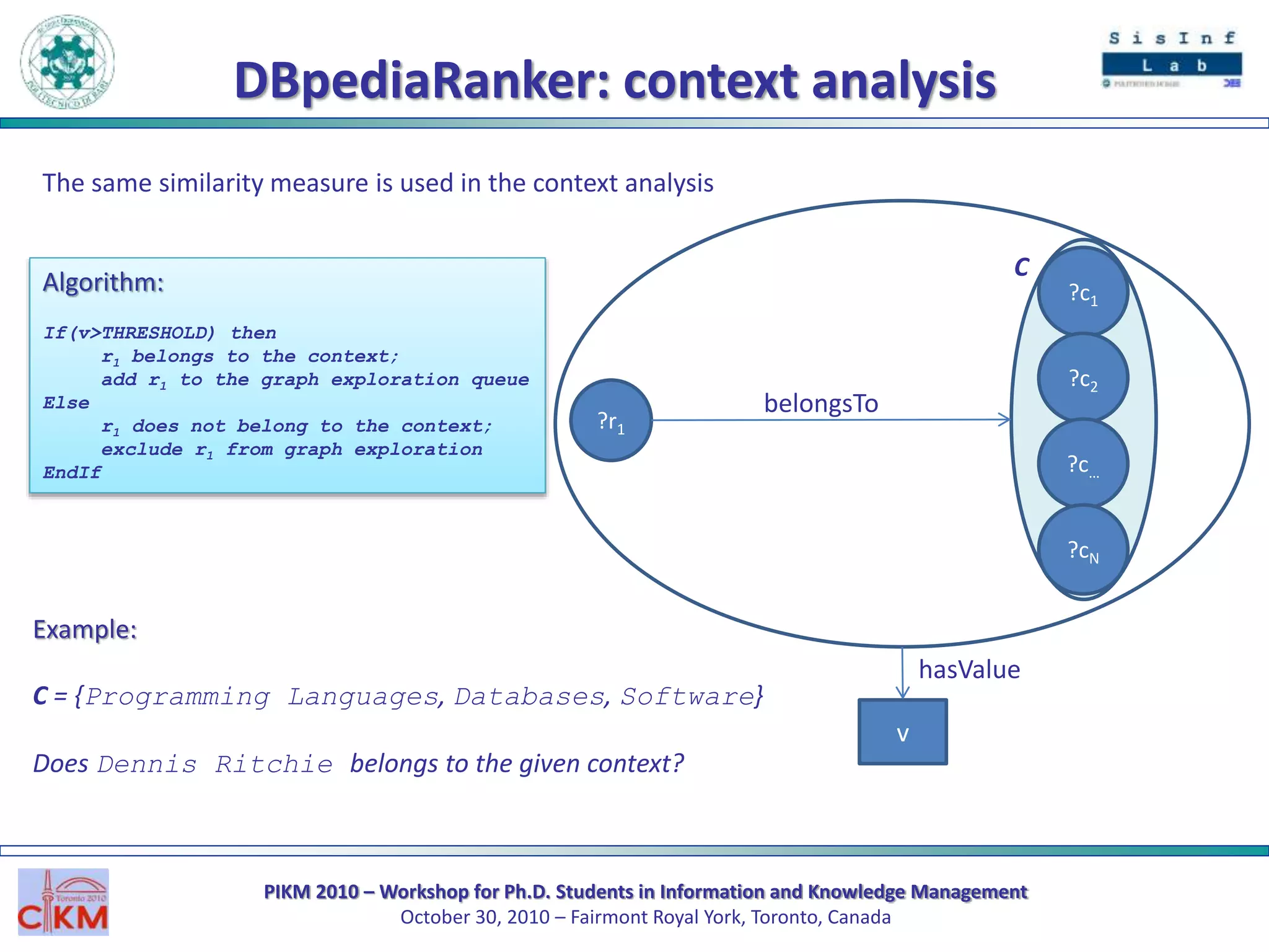 PIKM 2010 – Workshop for Ph.D. Students in Information and Knowledge Management
October 30, 2010 – Fairmont Royal York, Toronto, Canada
DBpediaRanker: context analysis
The same similarity measure is used in the context analysis
?r1
?c1
belongsTo
v
hasValue
?c2
?c…
?cN
C
Example:
C = {Programming Languages, Databases, Software}
Does Dennis Ritchie belongs to the given context?
Algorithm:
If(v>THRESHOLD) then
r1 belongs to the context;
add r1 to the graph exploration queue
Else
r1 does not belong to the context;
exclude r1 from graph exploration
EndIf
 