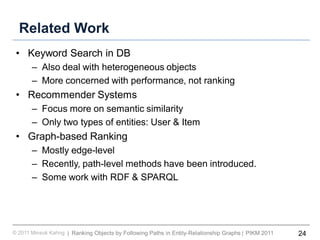 24Ranking Objects by Following Paths in Entity-Relationship Graphs© 2011 Minsuk Kahng PIKM 2011||
Related Work
• Keyword Search in DB
– Also deal with heterogeneous objects
– More concerned with performance, not ranking
• Recommender Systems
– Focus more on semantic similarity
– Only two types of entities: User & Item
• Graph-based Ranking
– Mostly edge-level
– Recently, path-level methods have been introduced.
– Some work with RDF & SPARQL
 