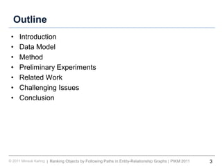 3Ranking Objects by Following Paths in Entity-Relationship Graphs© 2011 Minsuk Kahng PIKM 2011||
Outline
• Introduction
• Data Model
• Method
• Preliminary Experiments
• Related Work
• Challenging Issues
• Conclusion
 