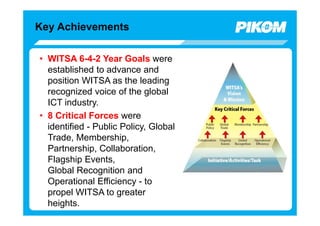 Key Achievements

• WITSA 6-4-2 Year Goals were
  established to advance and
  position WITSA as the leading
  recognized voice of the global
  ICT industry.
• 8 Critical Forces were
  identified - Public Policy, Global
  Trade, Membership,
  Partnership, Collaboration,
  Flagship Events,
  Global Recognition and
  Operational Efficiency - to
  propel WITSA to greater
  heights.
 