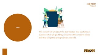This content will talk about the daily lifestyle that can help our
audience what will get if they consume coffee..or secret recipe
that they can get by brought pikopi products.
CONTENT
PILLAR
TIPS
 
